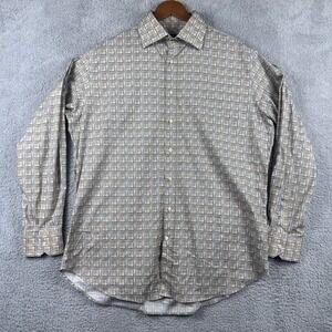 Etro Milano Dress Shirt Mens 44 XL Tan Blue Geometric Check Long Sleeve Designer